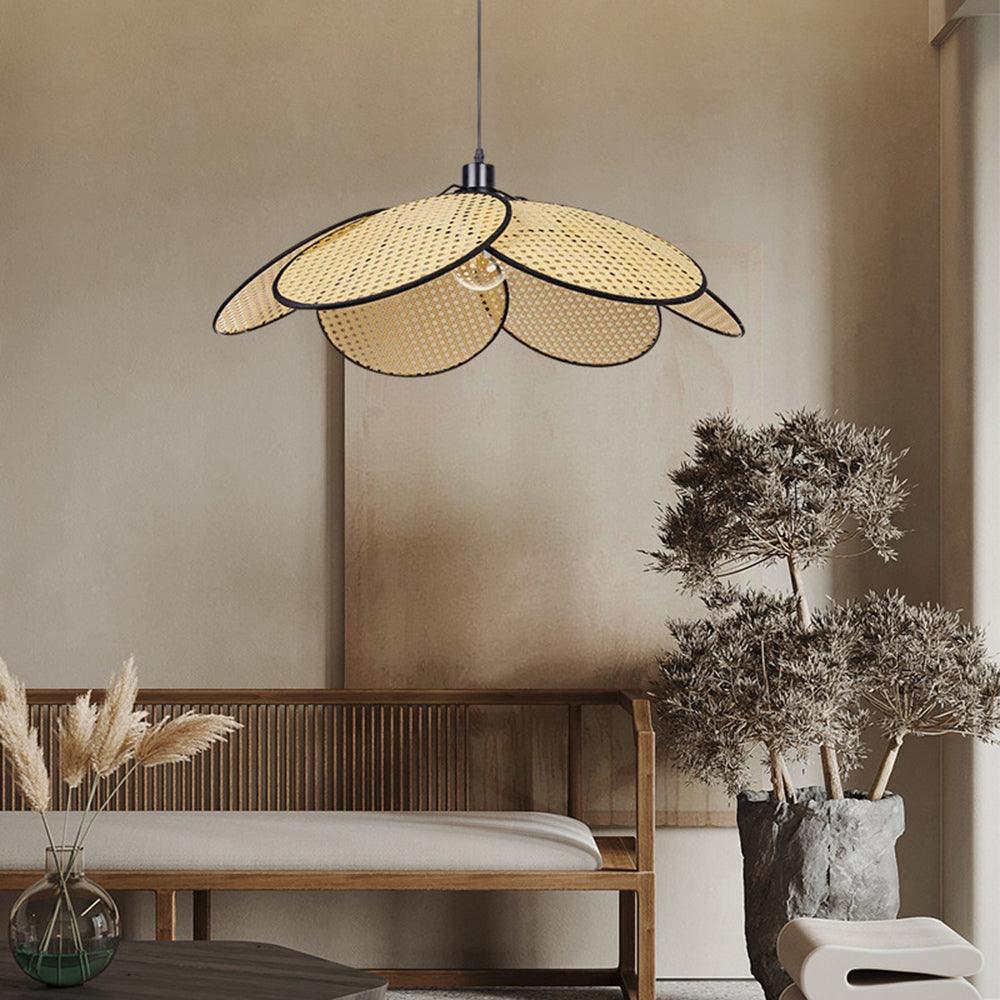Ritta Suspension Fleur Moderne, Métal/Rotin, Noir/Blanc, Salon