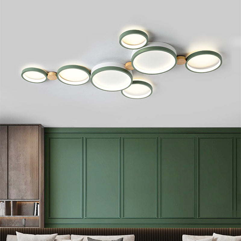 Arisha Plafonnier Rond Moderne, Métal/Bois, Blanc/Gris/Vert, Salon