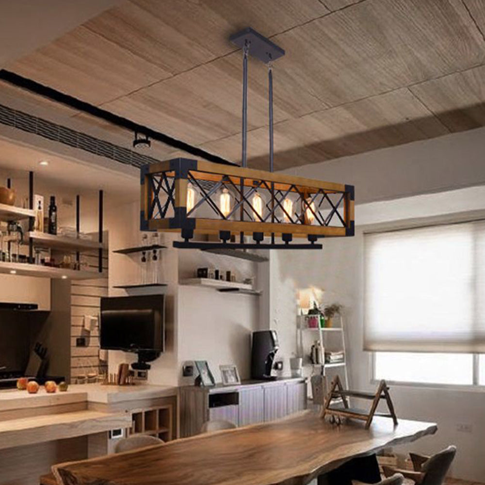 Silva Luminaires Suspensions Cage Industrielle Design Métal Bois Marron Salon/Cuisine/Bar