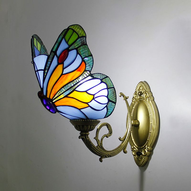 Arisha Applique Murale Papillon Tiffany, Métal/Verre, Bleu/Rouge/Multi-Couleurs/Bleu Clair