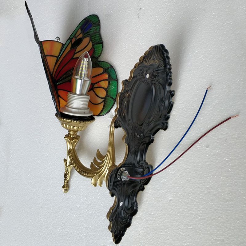 Arisha Applique Murale Papillon Tiffany, Métal/Verre, Bleu/Rouge/Multi-Couleurs/Bleu Clair