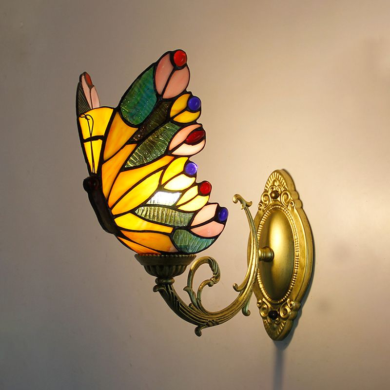 Arisha Applique Murale Papillon Tiffany, Métal/Verre, Bleu/Rouge/Multi-Couleurs/Bleu Clair