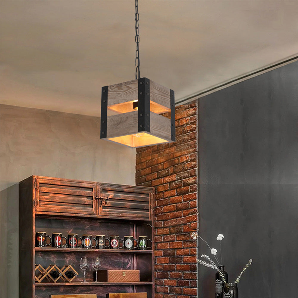 Silva Suspension Carrée Rustique, Metal/Bois, Bois/Marron, Chambre