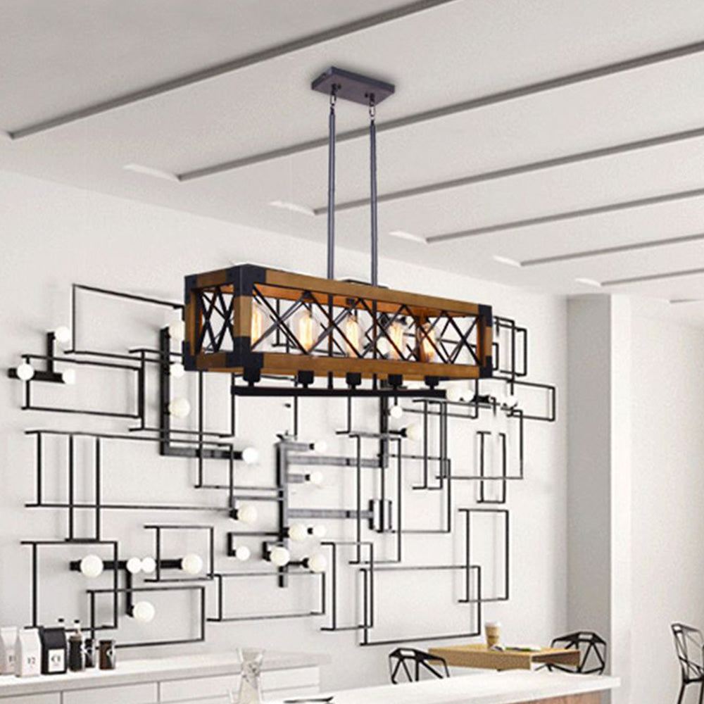Silva Luminaires Suspensions Cage Industrielle Design Métal Bois Marron Salon/Cuisine/Bar