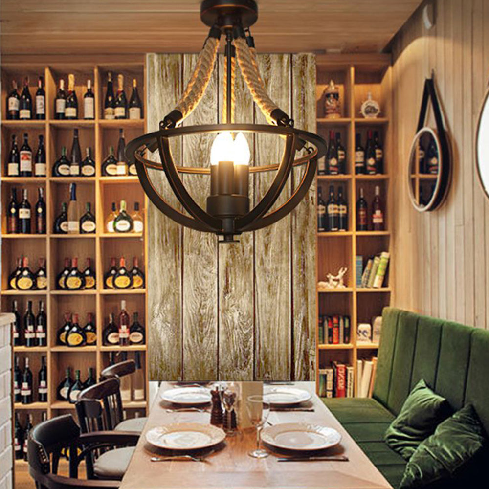 Silva Industrielle Luminaires Suspensions Bol Vintage LED Métal/Corde de Chanvre Noir Salon/Chambre à Coucher