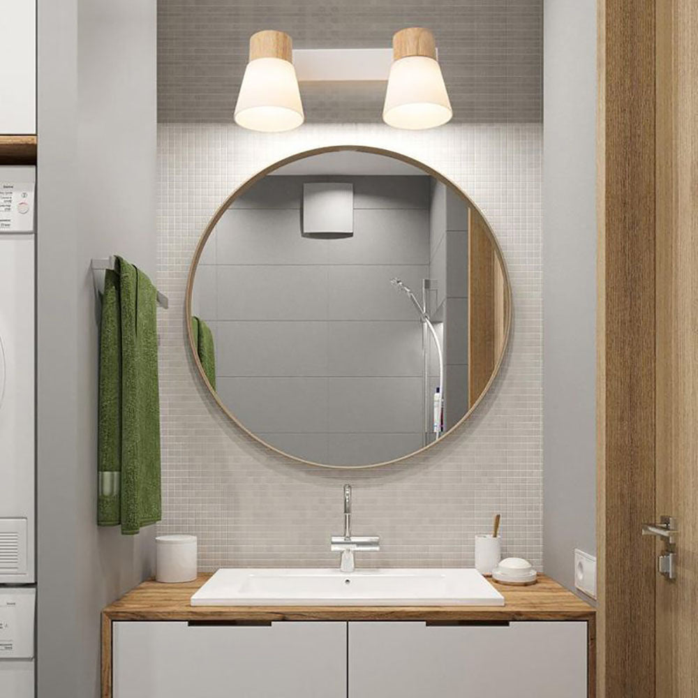Muto Design Italien LED Applique Murale à Miroir Ronde Rustique Bois/Verre Blanc Salle de Bain