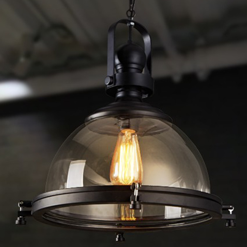 Silva Luminaires Suspensions Dôme Industrielle LED Vintage Verre/Métal Noir Salon/Chambre à Coucher