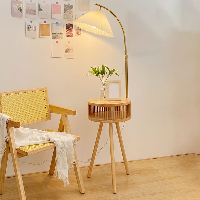 Muto Lampadaire Plissé Vintage, Métal/Tissu, Bois/Noyer, Salon