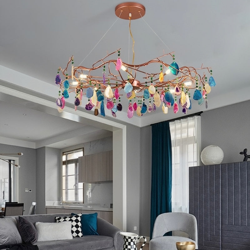 Valentina Art LED Suspension Doré Rosé Métal Pierre d'Agate Salon