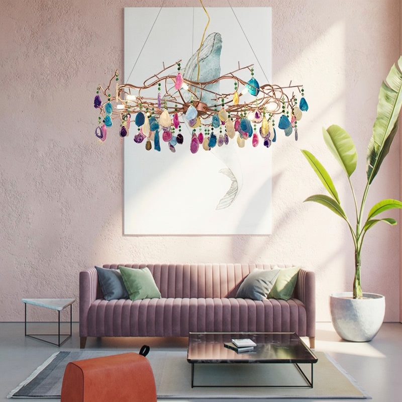 Valentina Art LED Suspension Doré Rosé Métal Pierre d'Agate Salon