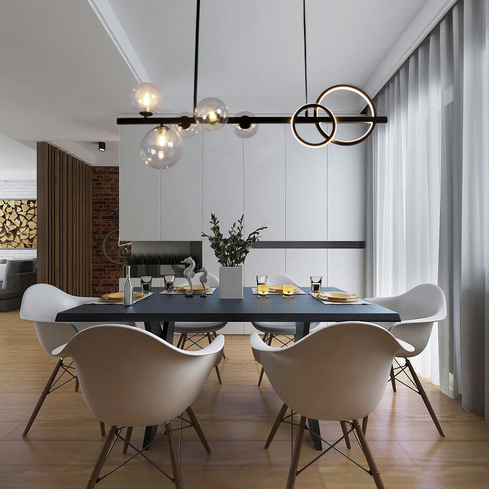 Valentina Suspension Anneau/Ronde Moderne, Métal/Verre, Noir/Doré, Salon
