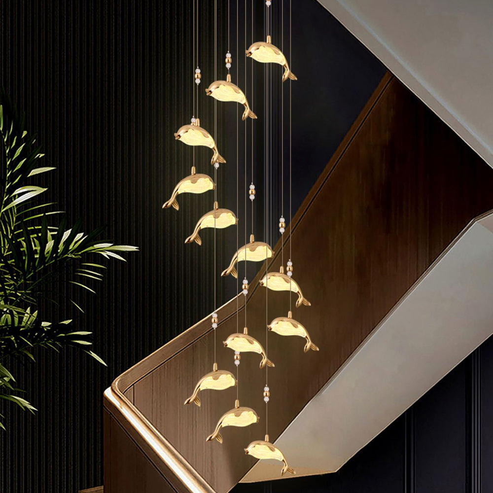 Arisha Design LED Luminaires Suspensions Dauphin Moderne Métal/Acrylique Doré Salon