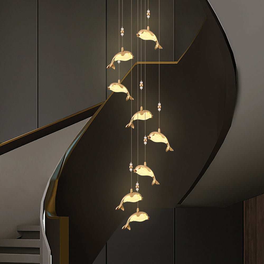 Arisha Design LED Luminaires Suspensions Dauphin Moderne Métal/Acrylique Doré Salon