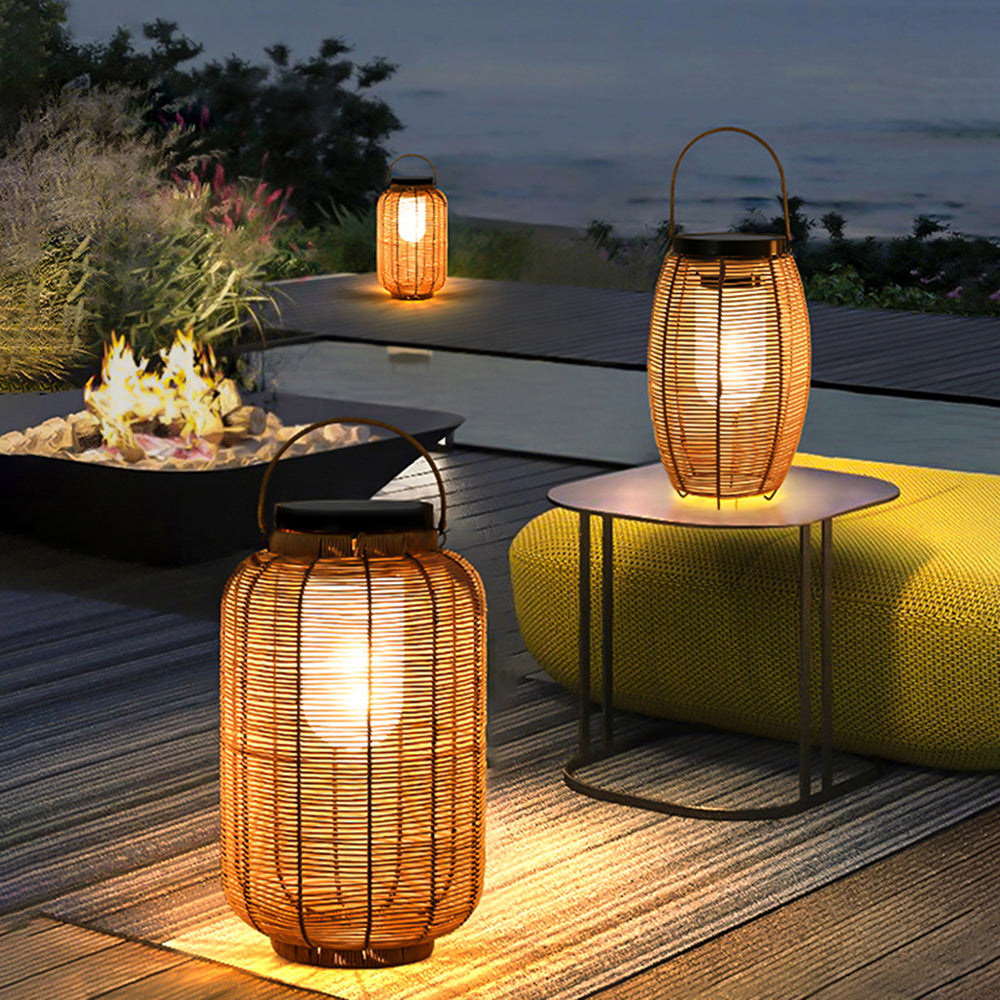 Ritta Lampadaire Lanterne Vintage, Métal/Rotin, Bois, Salon