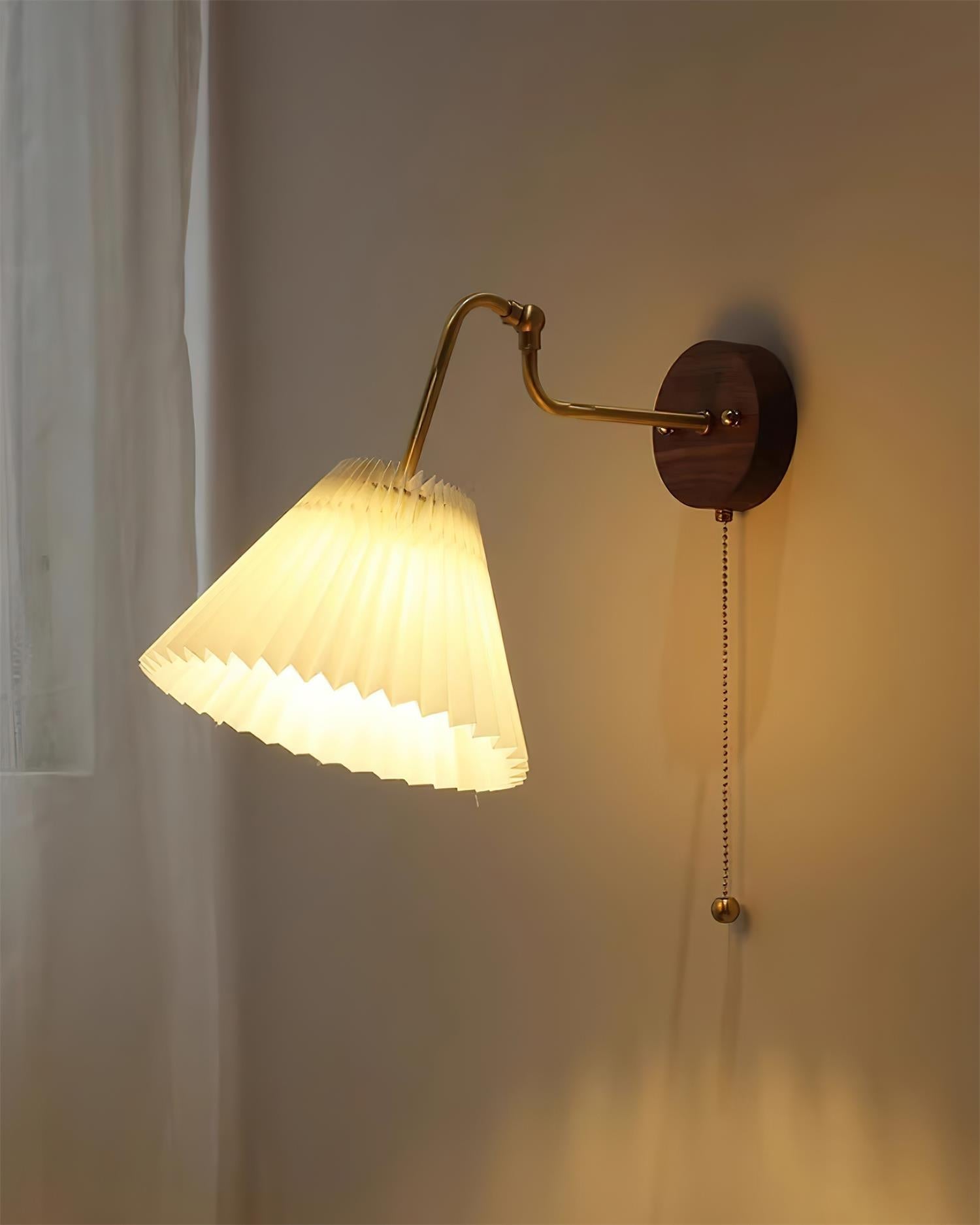 Vintage Brass & Walnut Wall Lamp with Pleated Fabric Shade - Letslighting