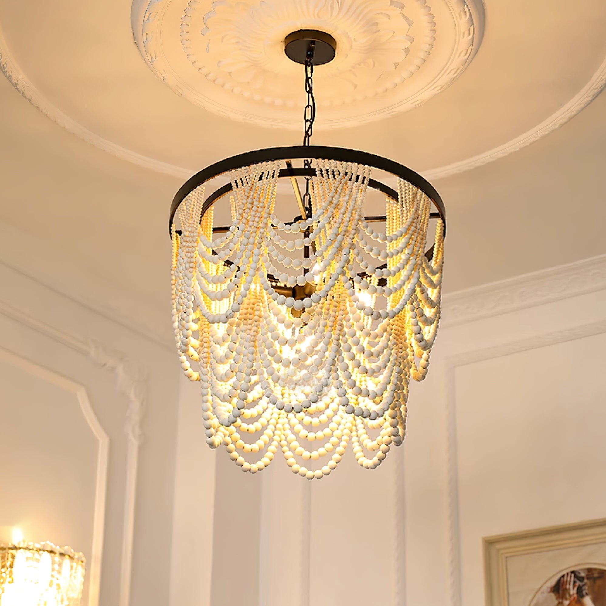 Amelia Chandelier Wood Bead Draped Rustic - Letslighting