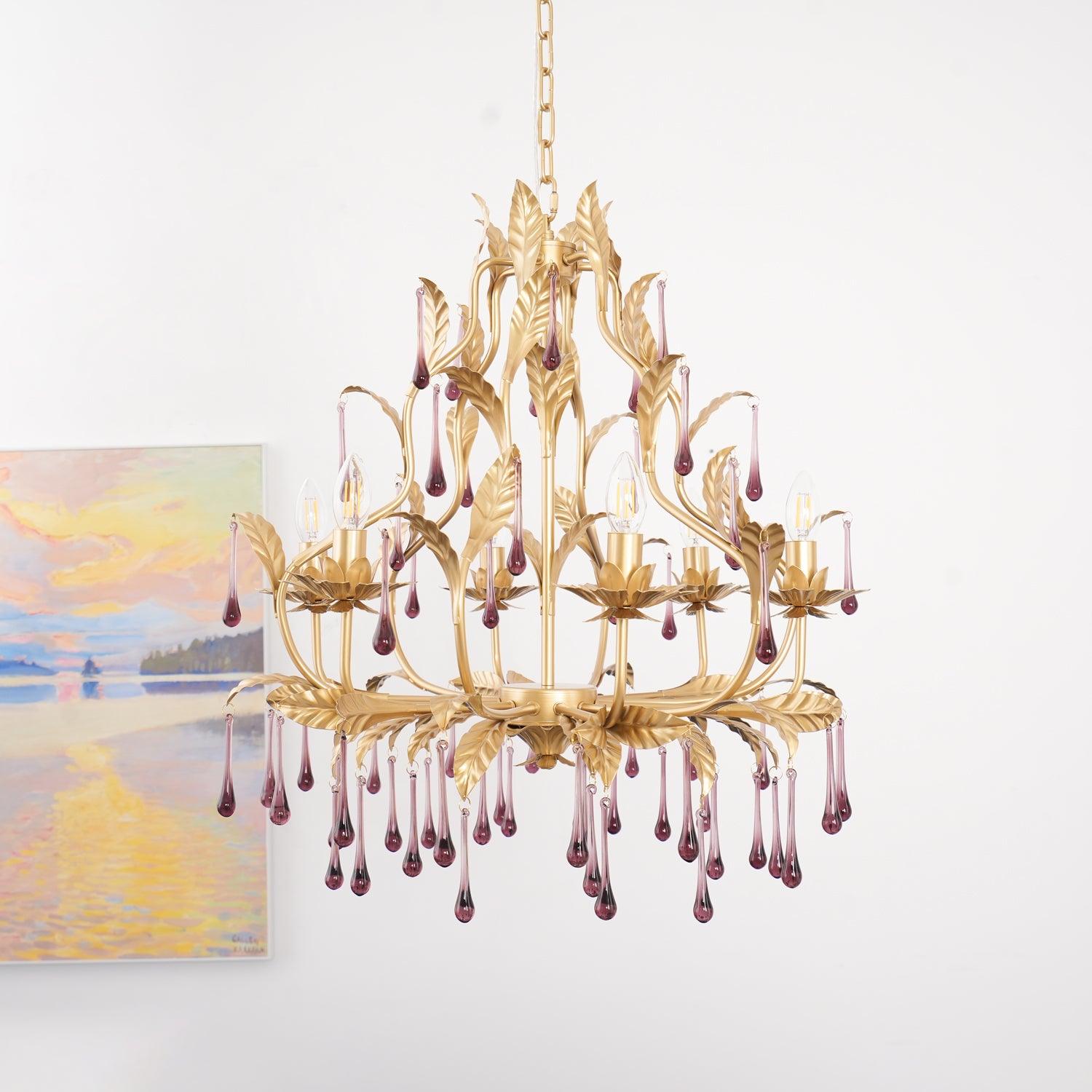 Purple Murano Chandelier Gold Leaves Crystal Elegance - Letslighting