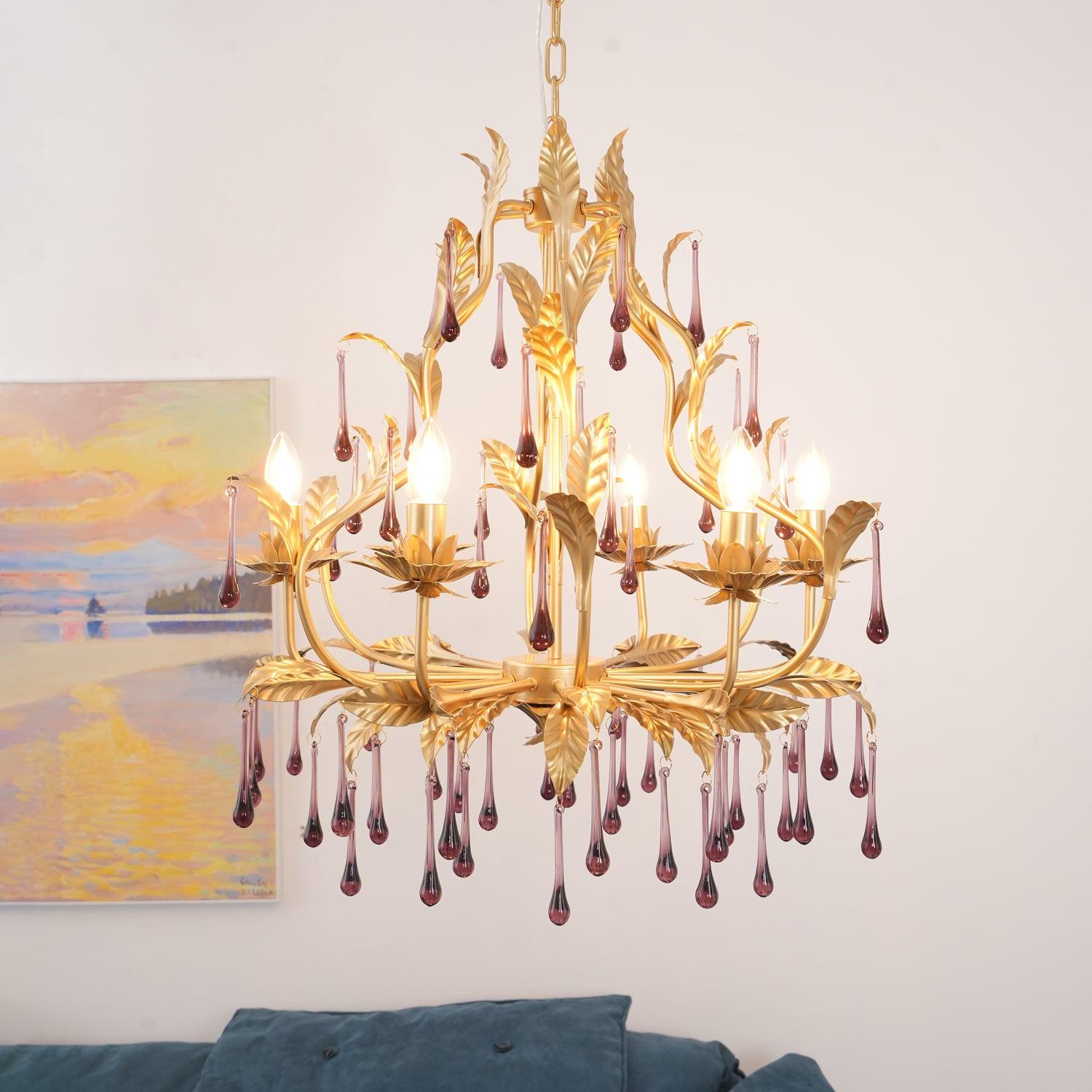 Purple Murano Chandelier Gold Leaves Crystal Elegance - Letslighting