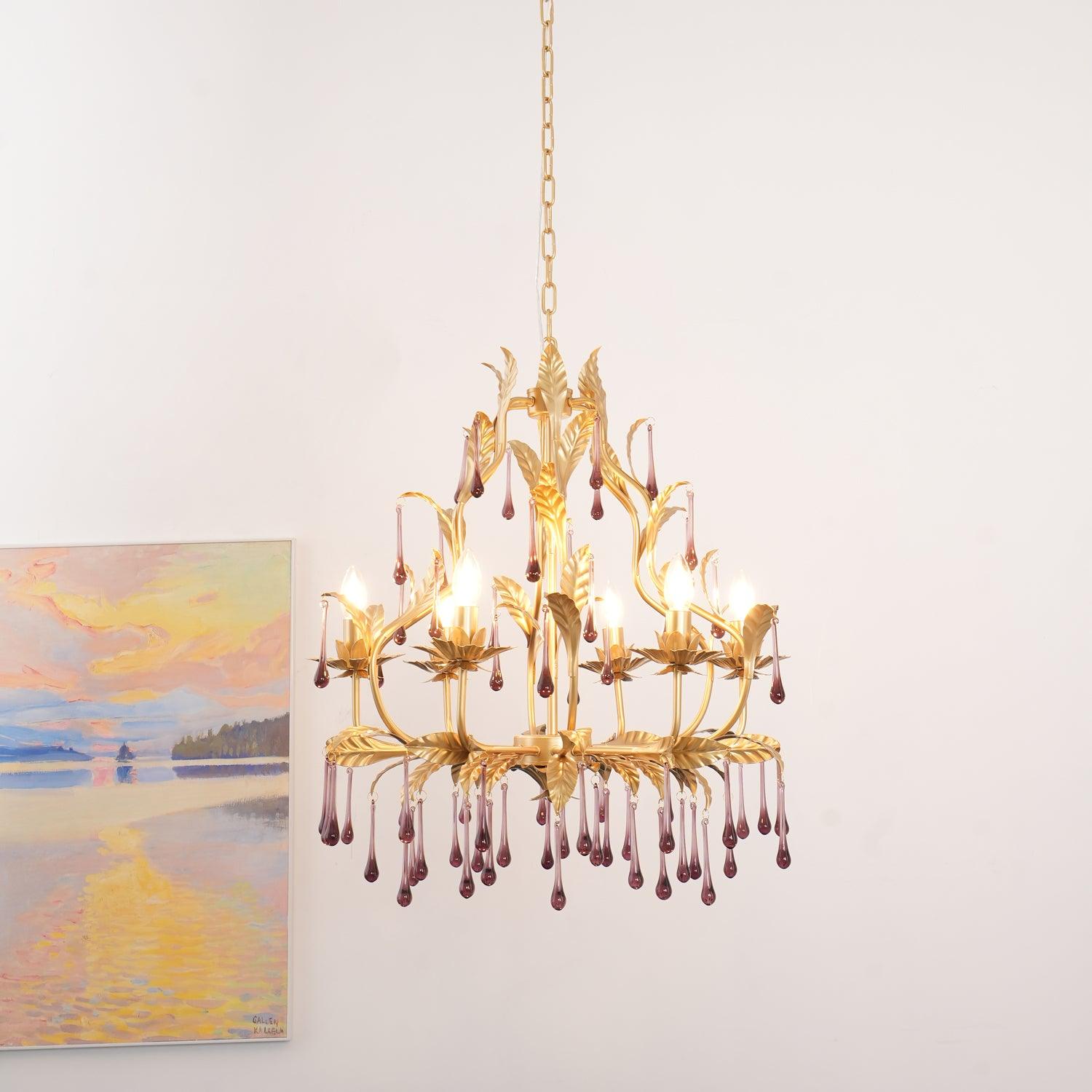 Purple Murano Chandelier Gold Leaves Crystal Elegance - Letslighting