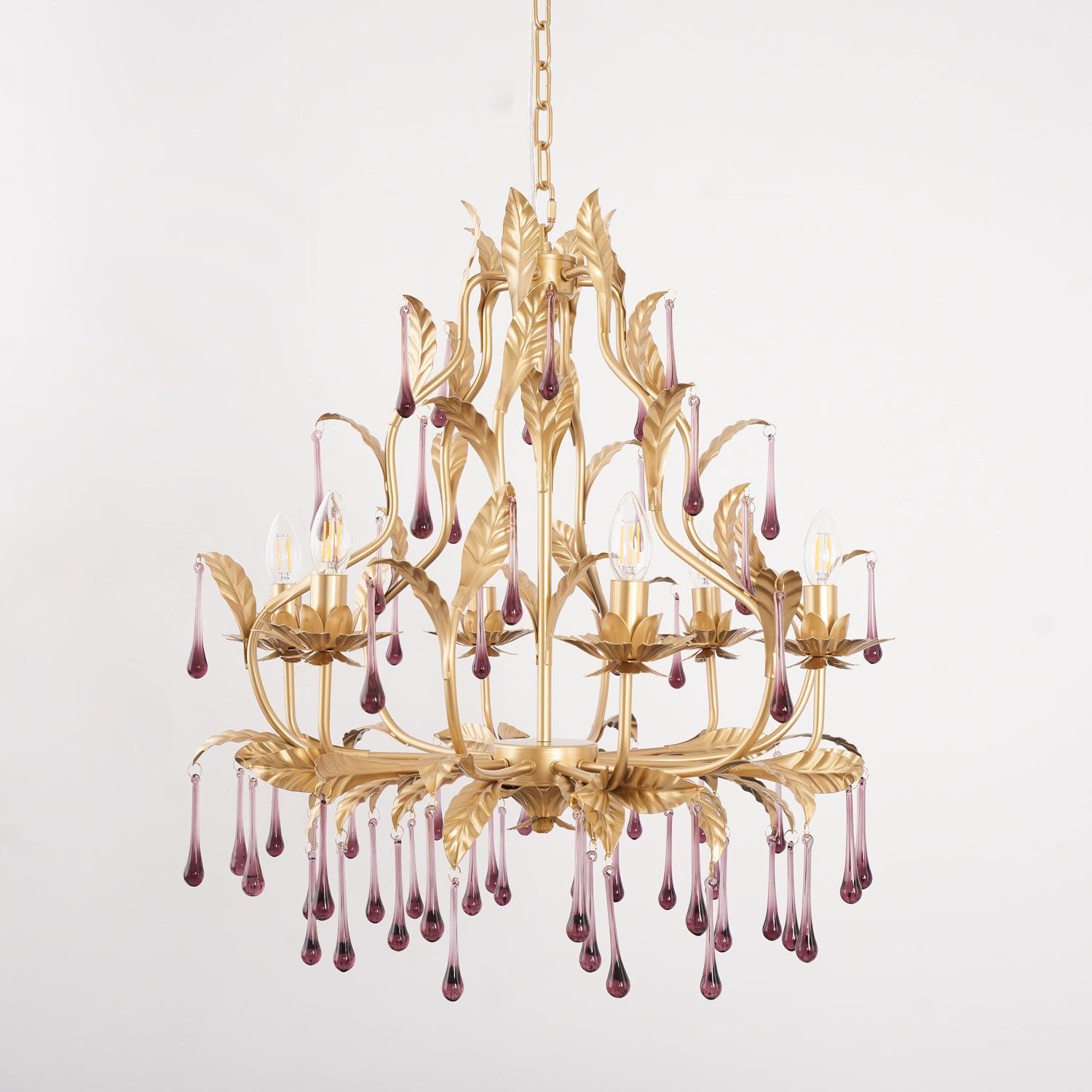 Purple Murano Chandelier Gold Leaves Crystal Elegance - Letslighting