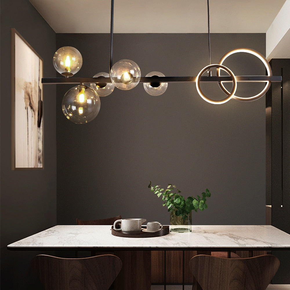 Valentina Suspension Anneau/Ronde Moderne, Métal/Verre, Noir/Doré, Salon