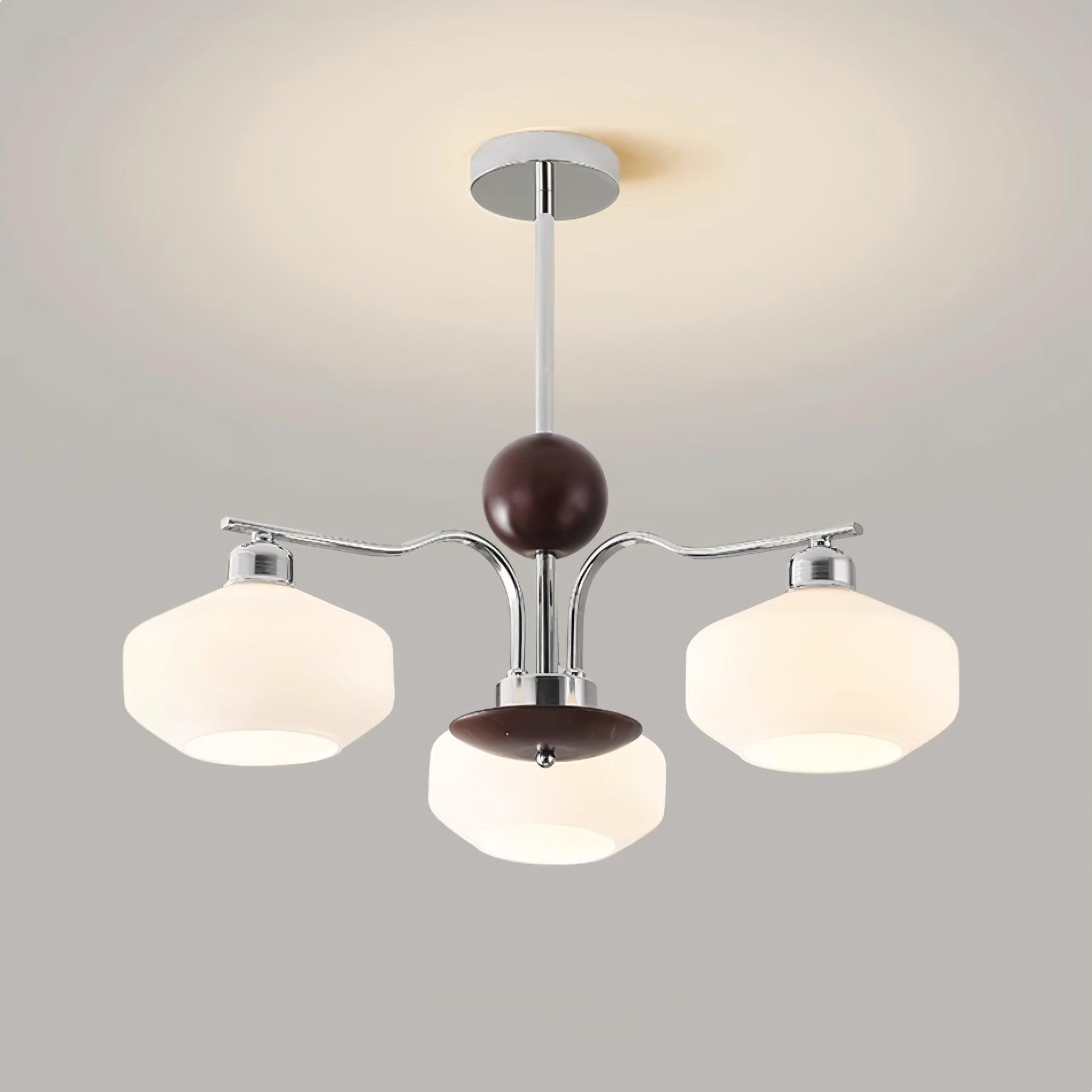 Chandelier White Glass Shades Chrome Walnut Arms Retro - Letslighting