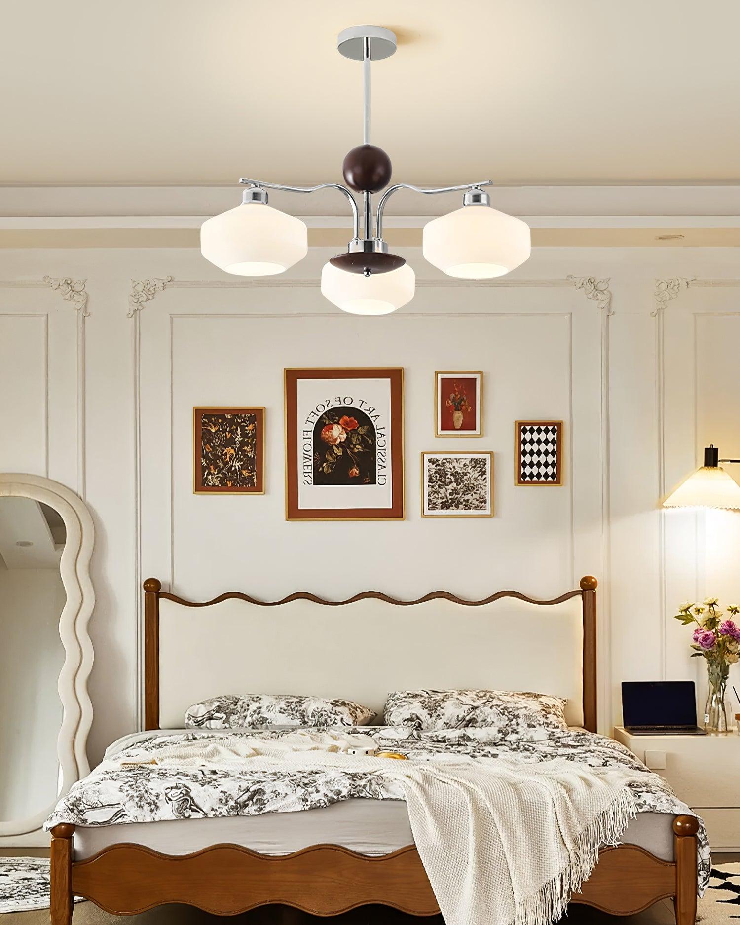 Chandelier White Glass Shades Chrome Walnut Arms Retro - Letslighting