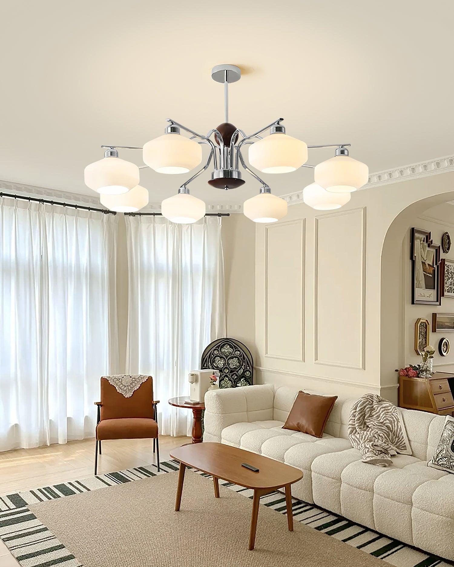 Chandelier White Glass Shades Chrome Walnut Arms Retro - Letslighting