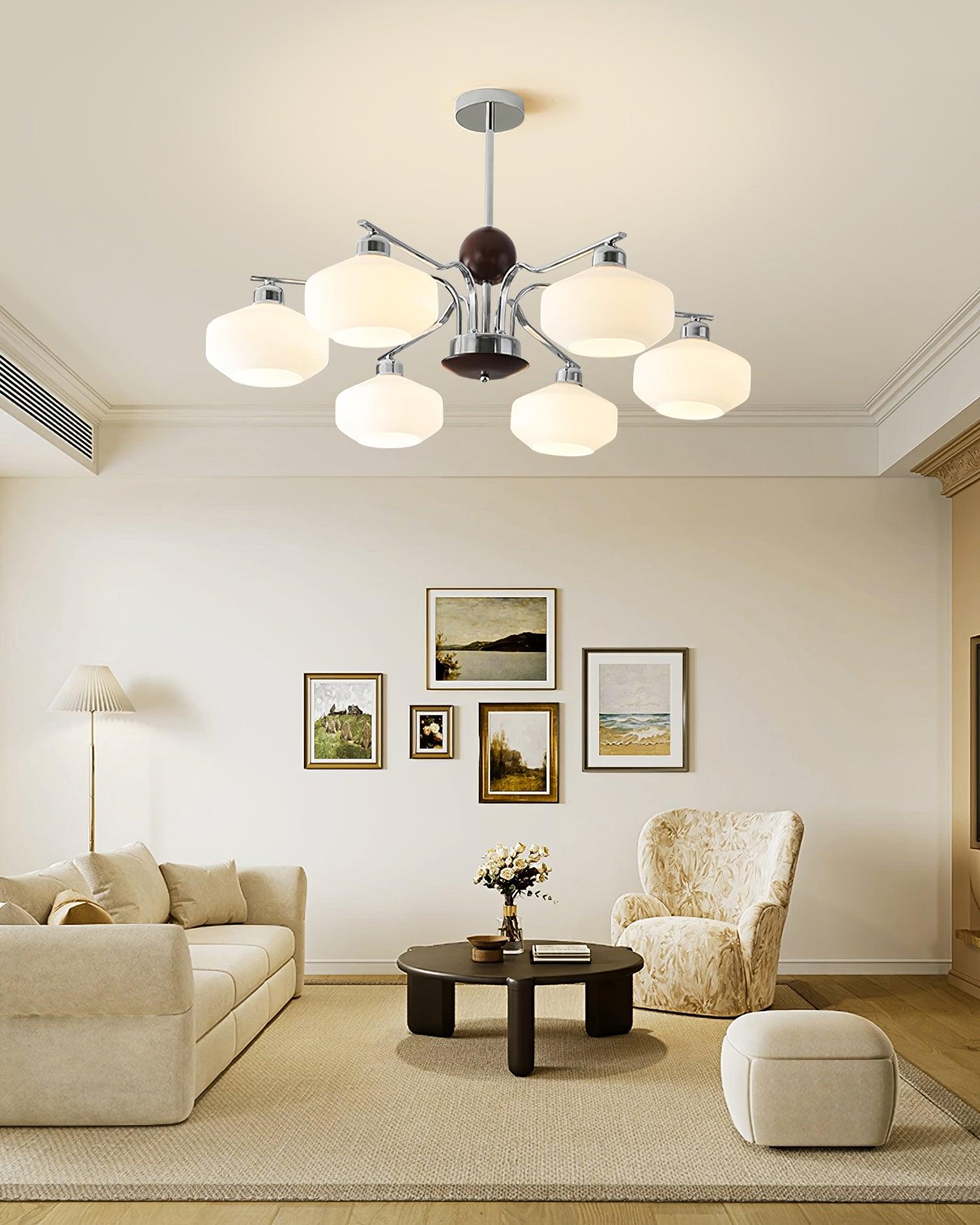 Chandelier White Glass Shades Chrome Walnut Arms Retro - Letslighting
