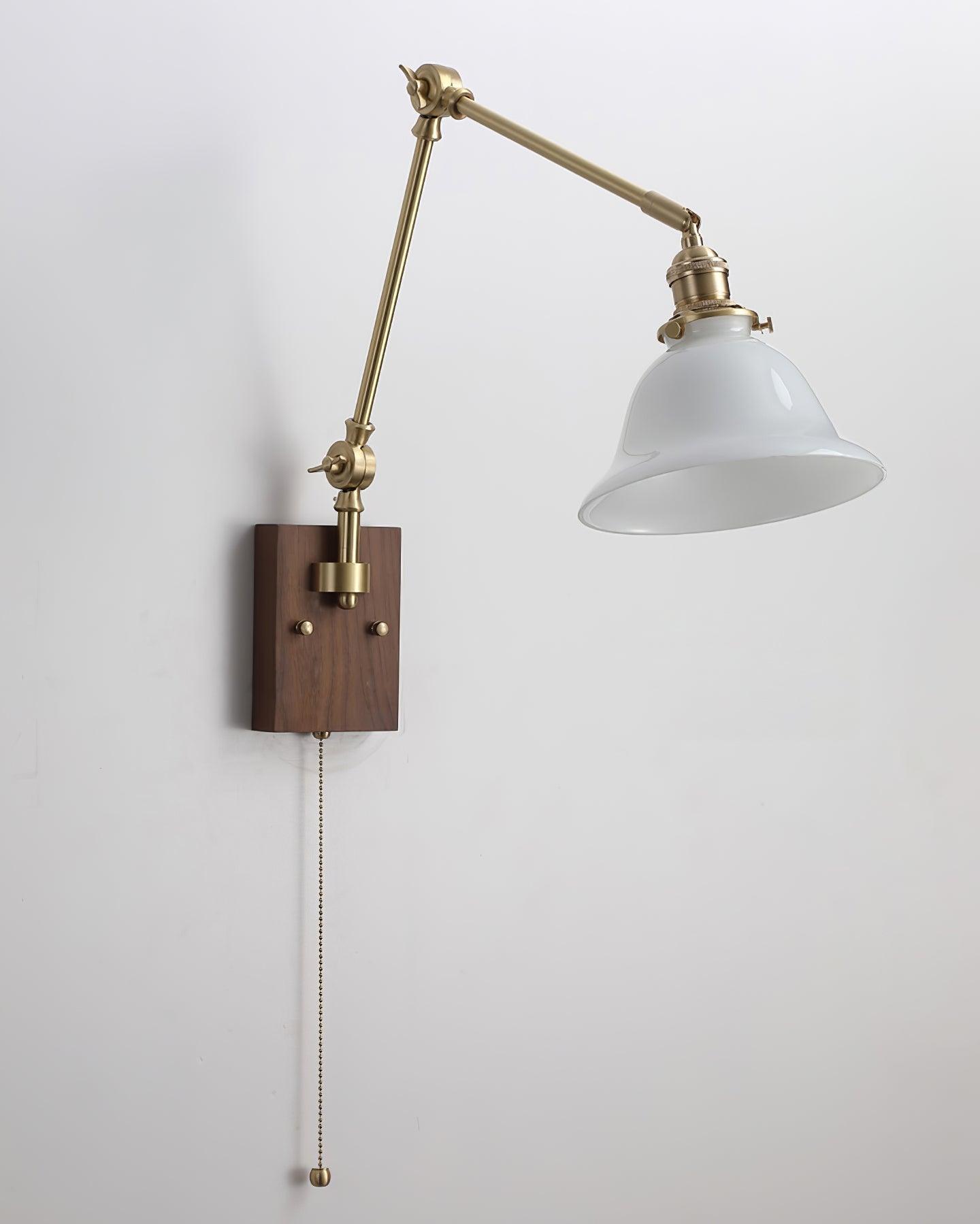 Wall Lamp Brass and Glass Shade Walnut Wood Base Adjustable Arm Vintage - Letslighting