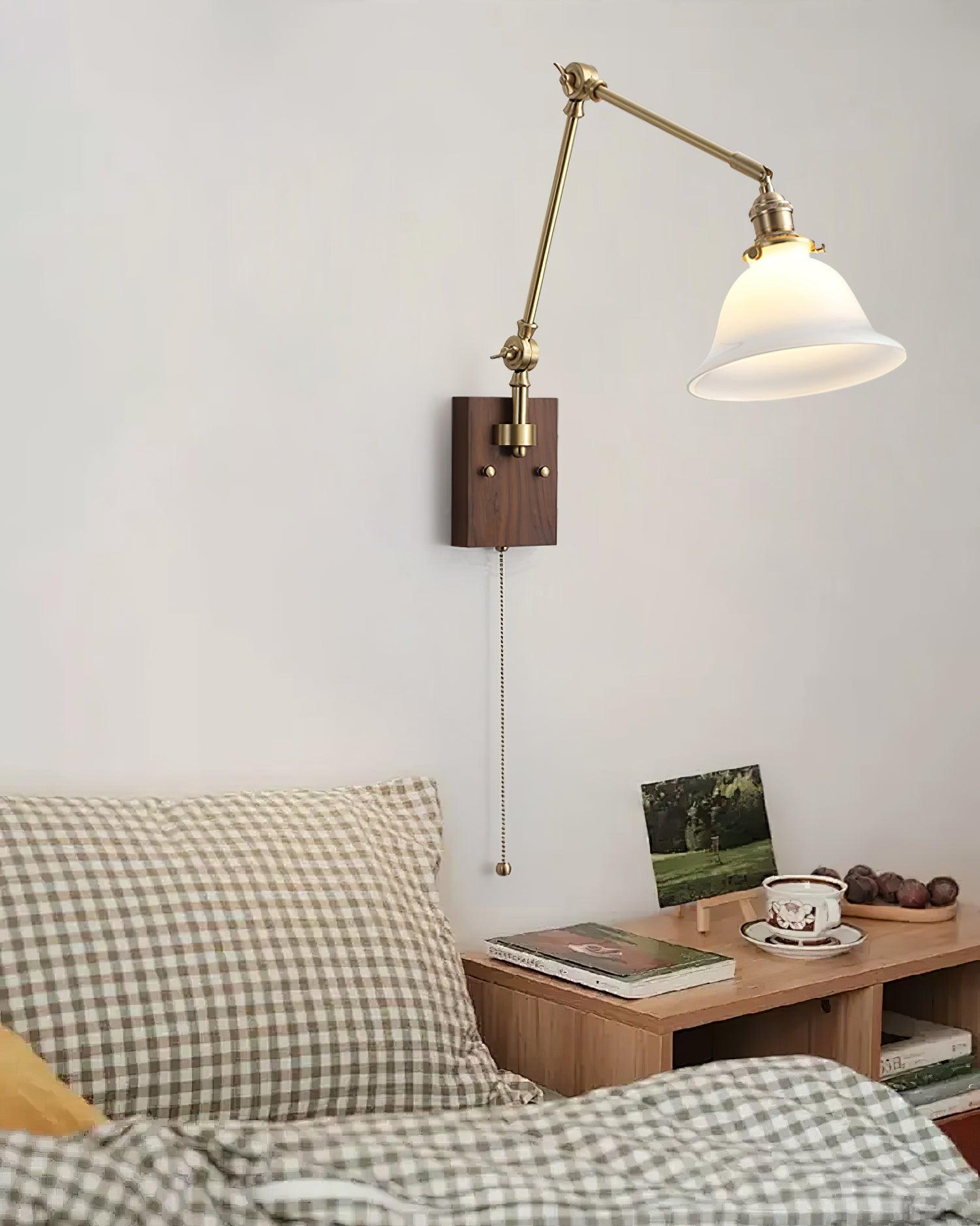 Wall Lamp Brass and Glass Shade Walnut Wood Base Adjustable Arm Vintage - Letslighting
