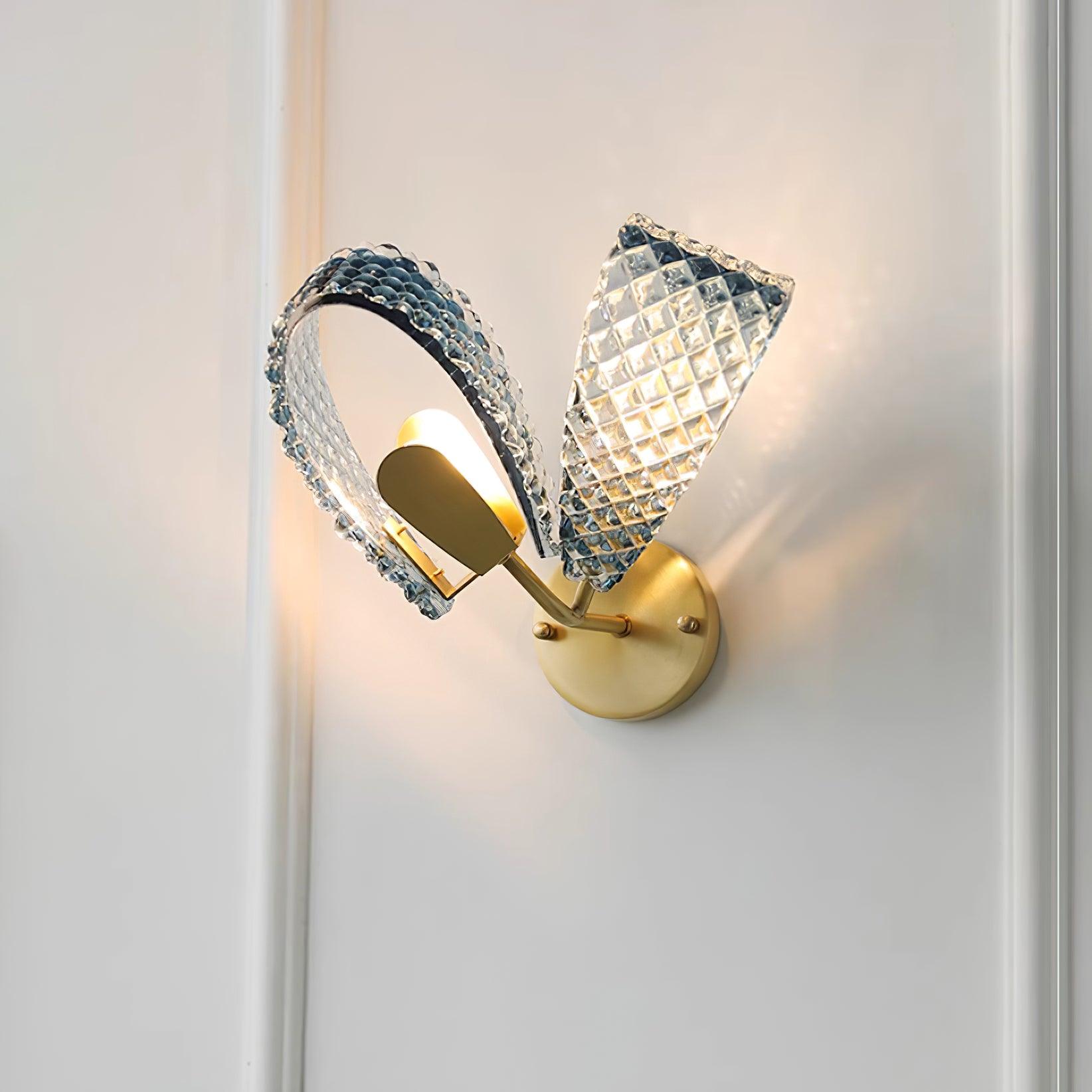 Wall Lamp Blue Ribbed Glass Ribbons Brass Arm Art Chic Glam - Letslighting