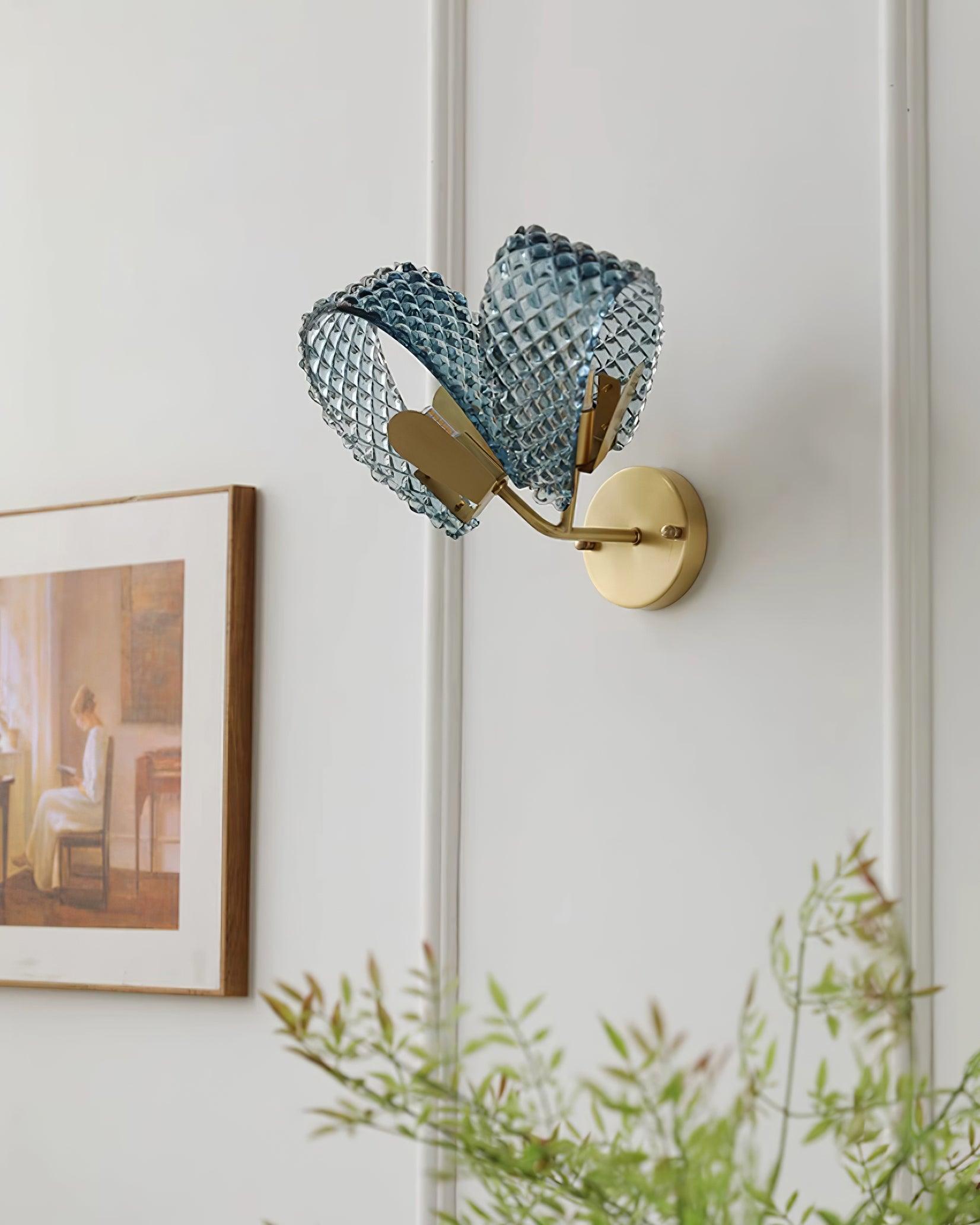 Wall Lamp Blue Ribbed Glass Ribbons Brass Arm Art Chic Glam - Letslighting