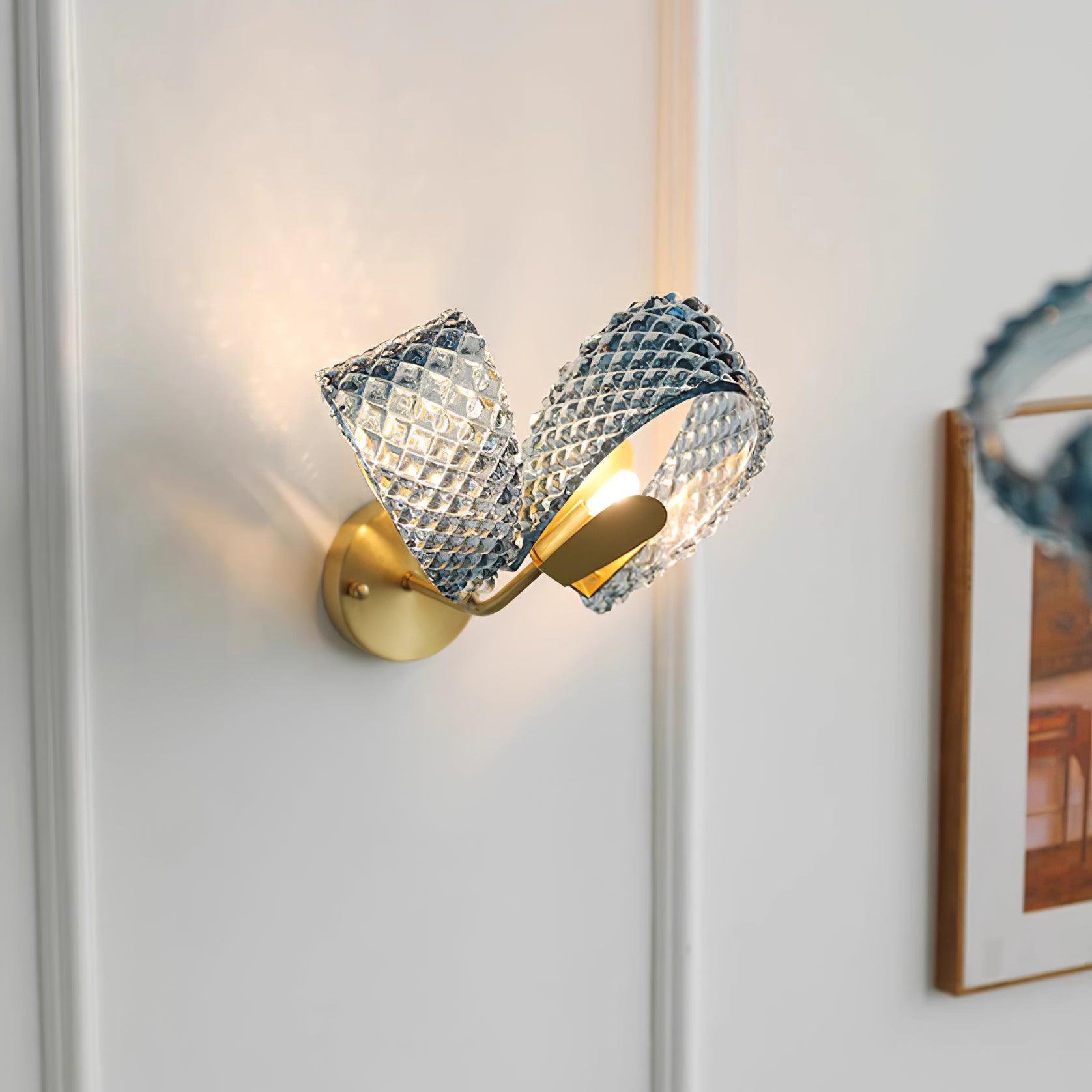 Wall Lamp Blue Ribbed Glass Ribbons Brass Arm Art Chic Glam - Letslighting