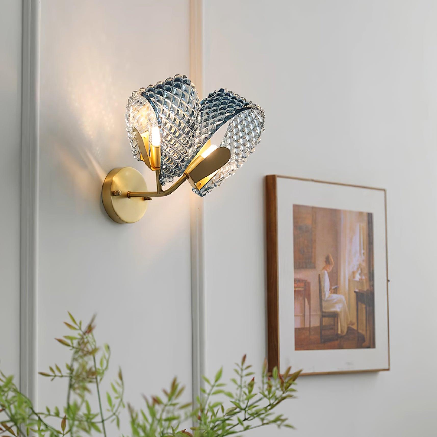 Wall Lamp Blue Ribbed Glass Ribbons Brass Arm Art Chic Glam - Letslighting