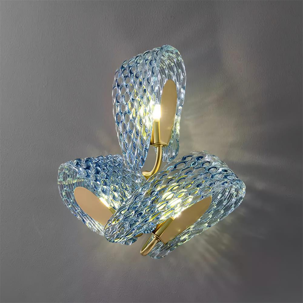Wall Lamp Blue Ribbed Glass Ribbons Brass Arm Art Chic Glam - Letslighting