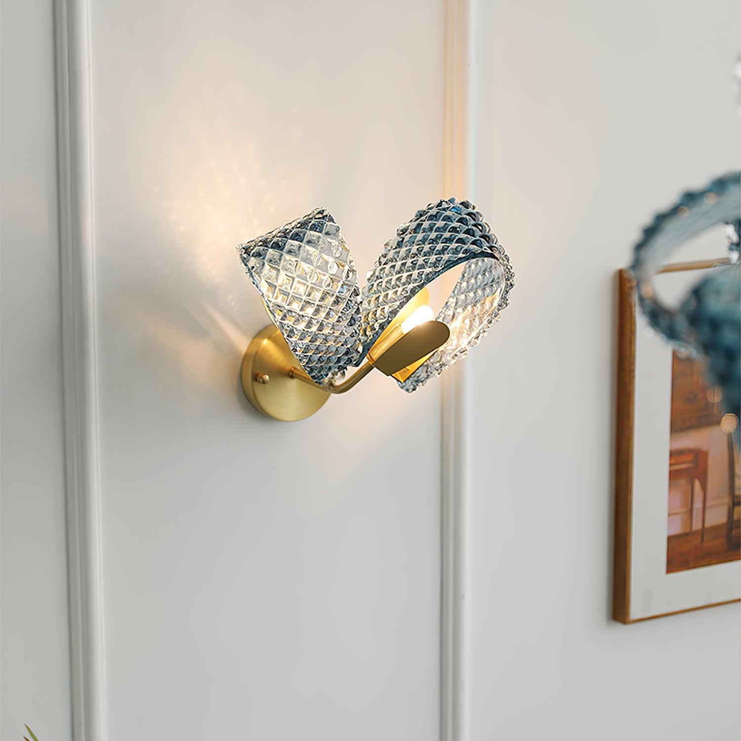 Wall Lamp Blue Ribbed Glass Ribbons Brass Arm Art Chic Glam - Letslighting