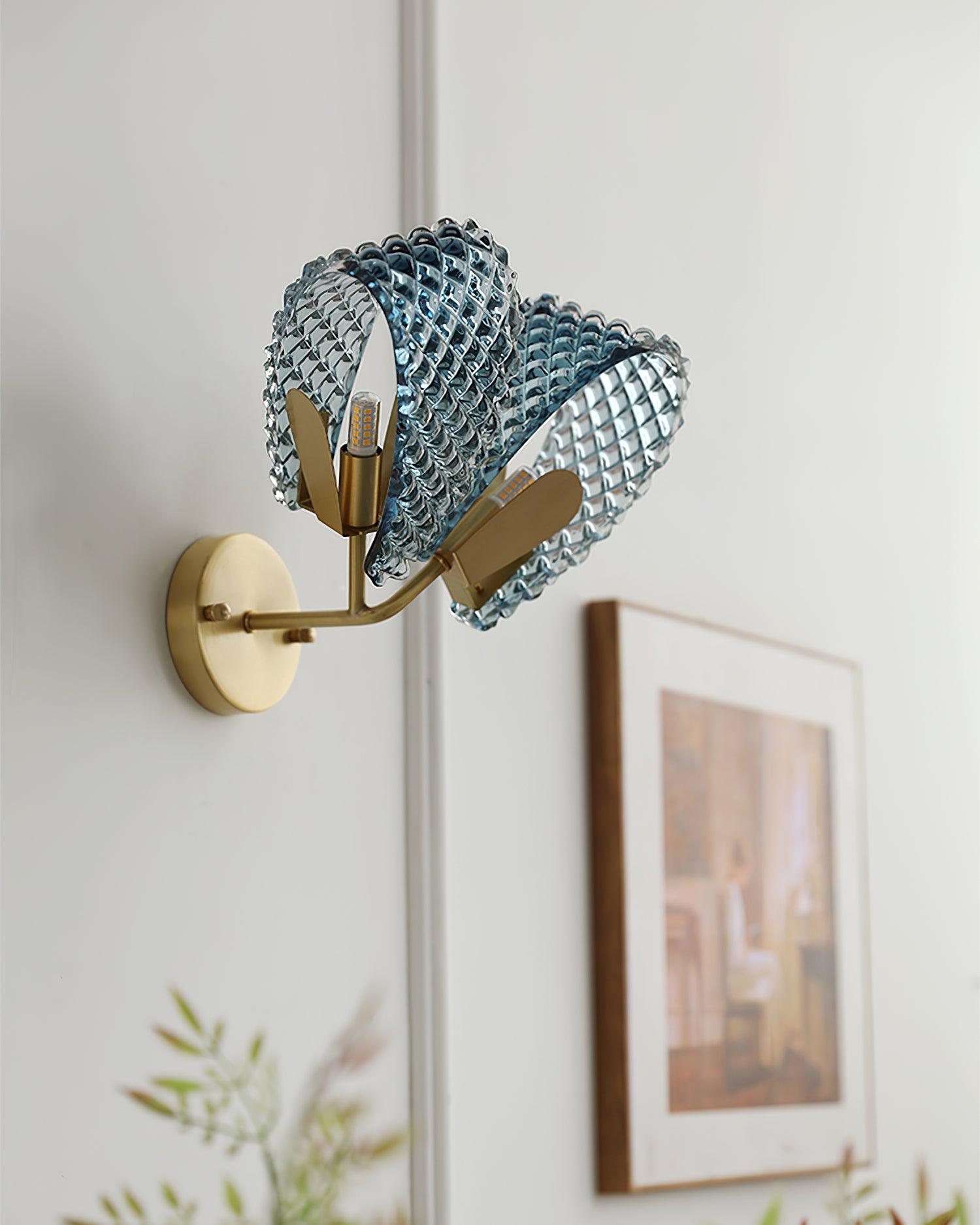 Wall Lamp Blue Ribbed Glass Ribbons Brass Arm Art Chic Glam - Letslighting