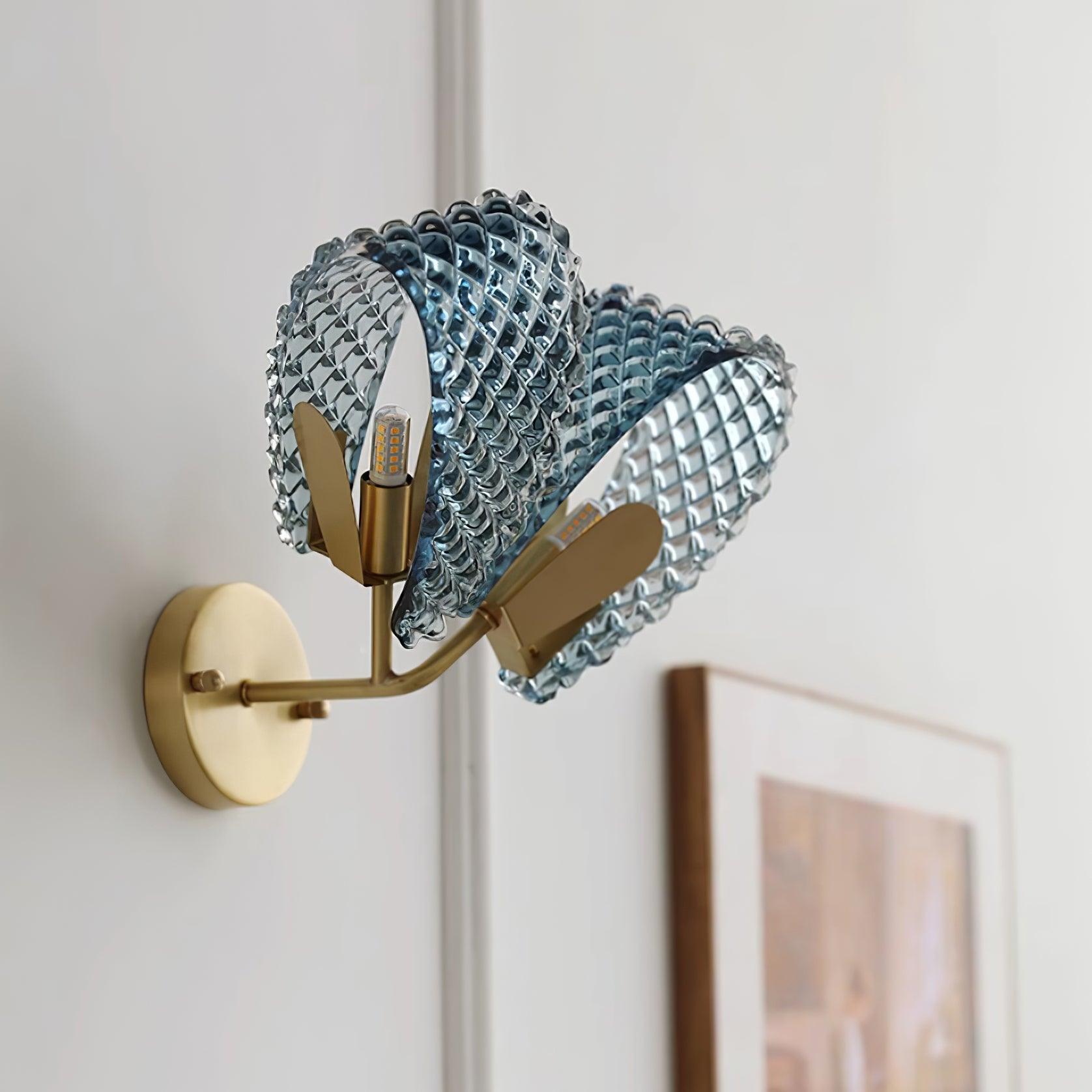 Wall Lamp Blue Ribbed Glass Ribbons Brass Arm Art Chic Glam - Letslighting