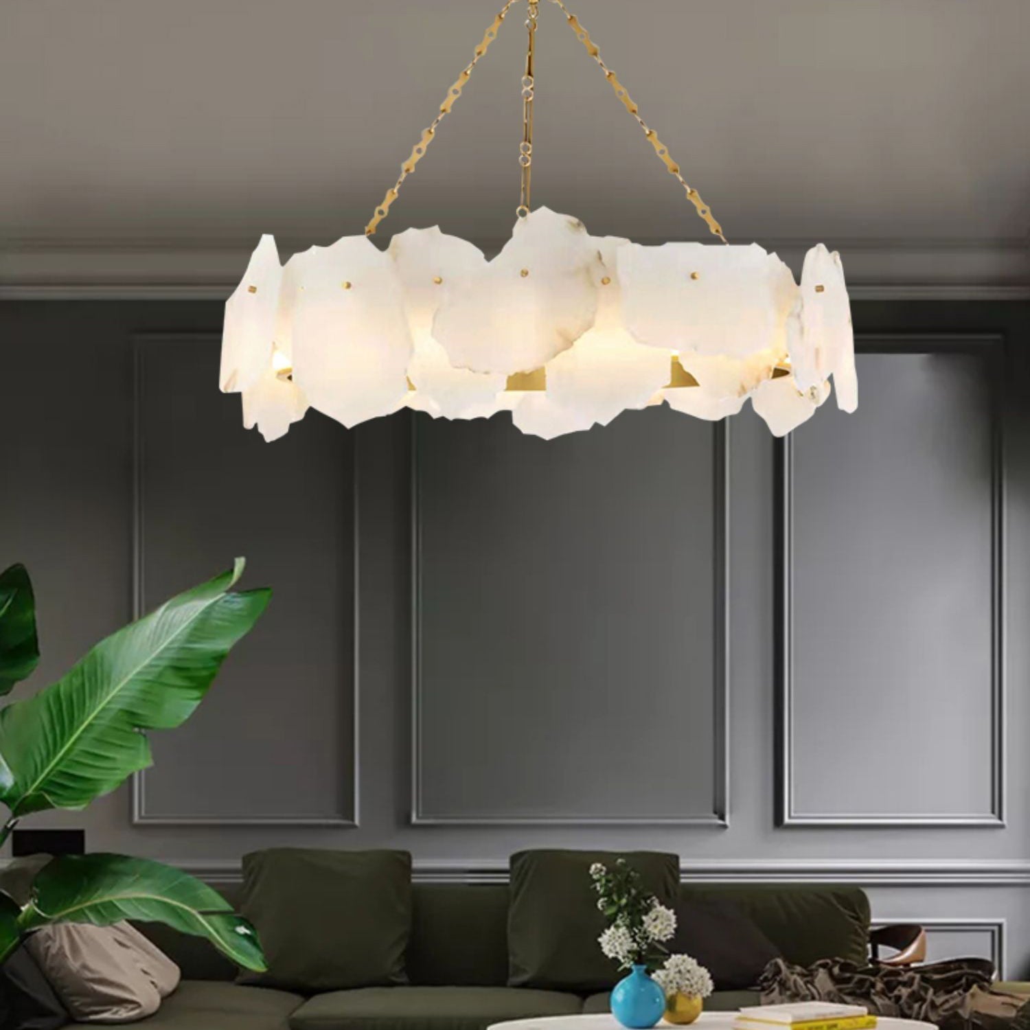 Alora Postmodern Luxury Round Brass Marble Chandelier - Lamp Copper