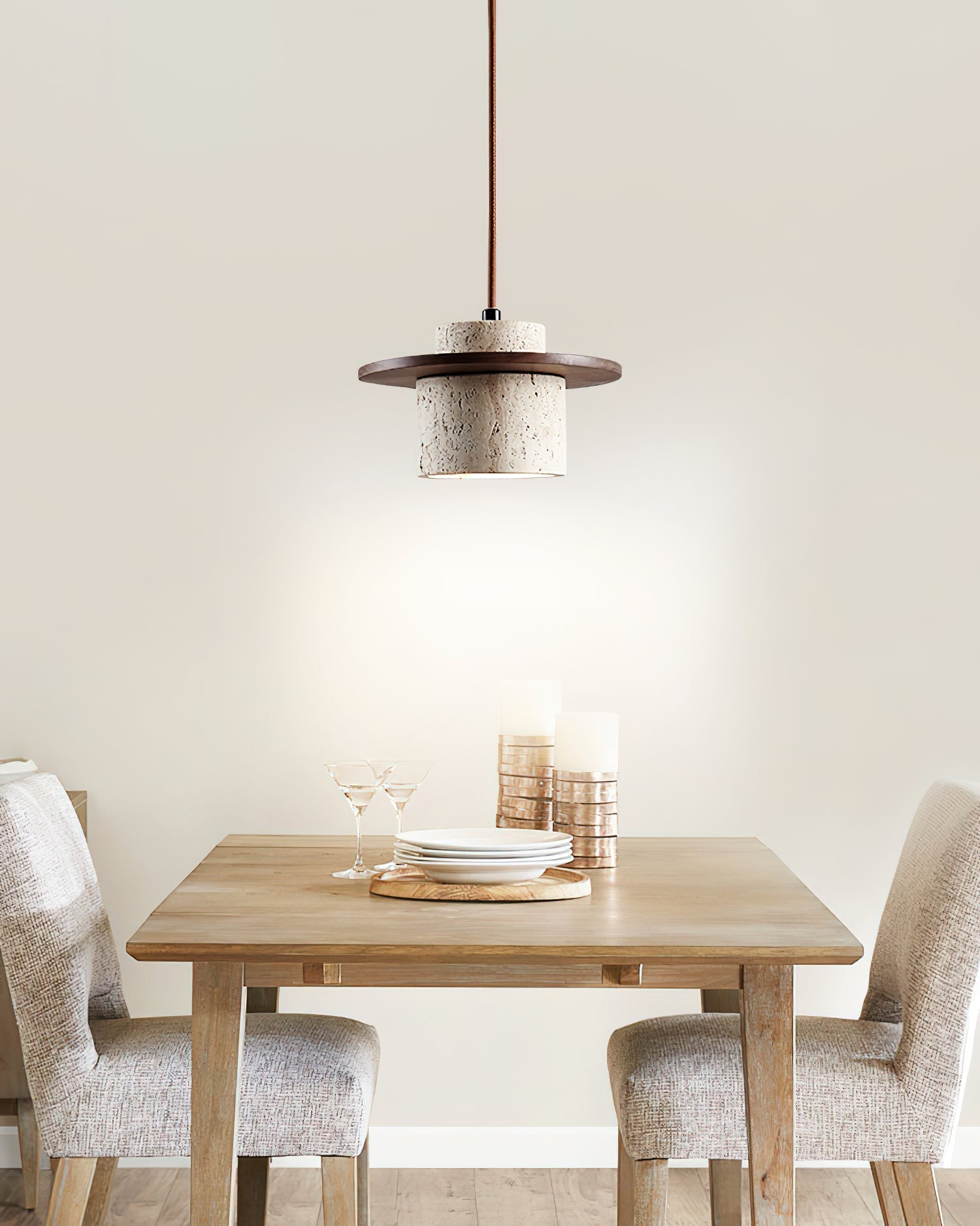 Pendant Lamp Travertine Cylinder Walnut Wood Disc Artisanal - Letslighting