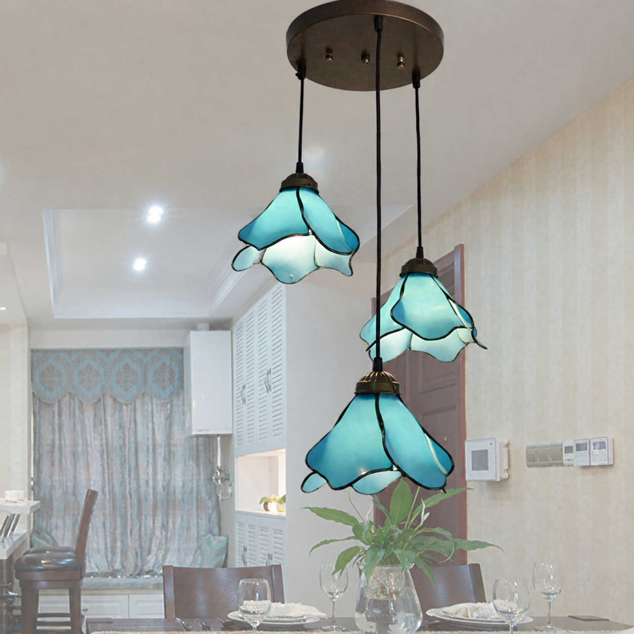 Ray Blume Moderne LED Pendelleuchte Rosa Blau Metall Harz Wohnzimmer