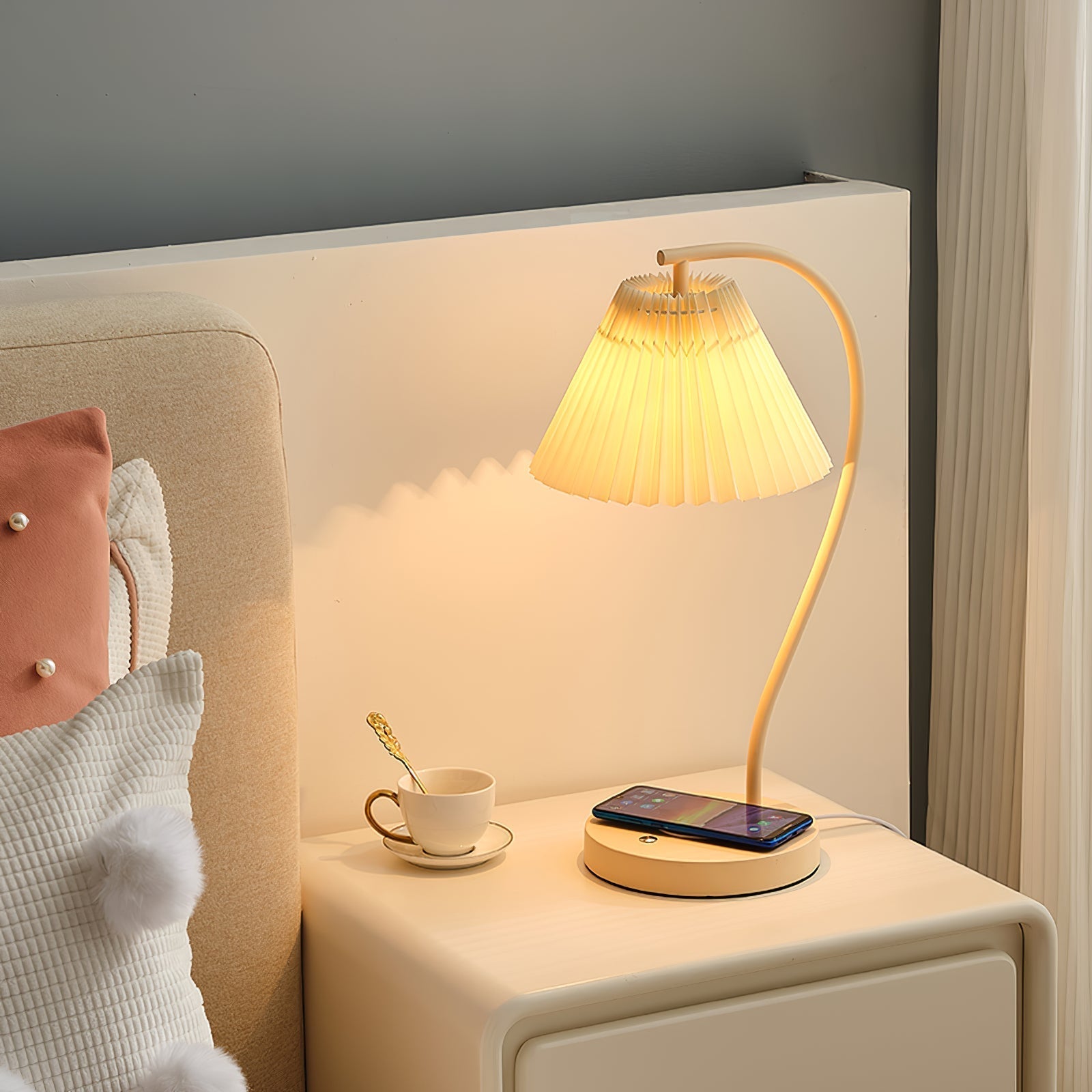 Muto Lampe de Table Plissé Nordique, Métal/Fibre, Blanc/Beige, Salon