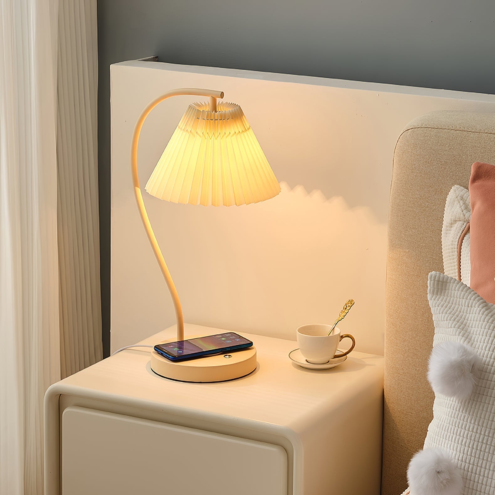 Muto Lampe de Table Plissé Nordique, Métal/Fibre, Blanc/Beige, Salon