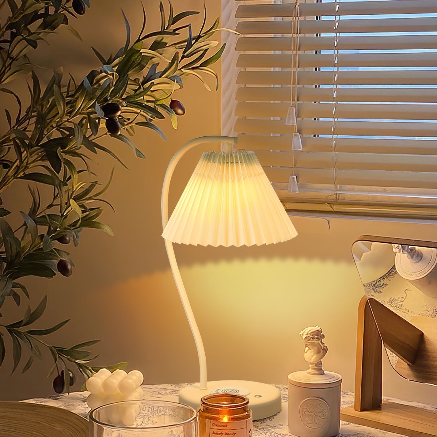 Muto Lampe de Table Plissé Nordique, Métal/Fibre, Blanc/Beige, Salon