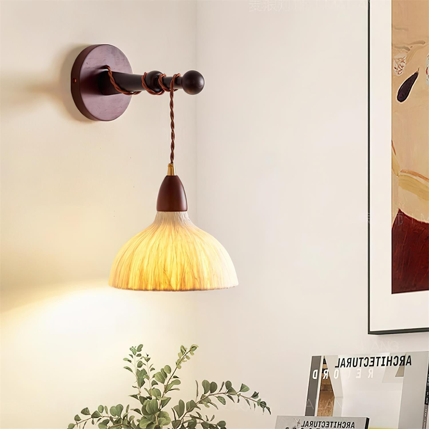 Wall Lamp Rice Paper Shade Wood Arm Soft Ambient Cozy Minimalist - Letslighting