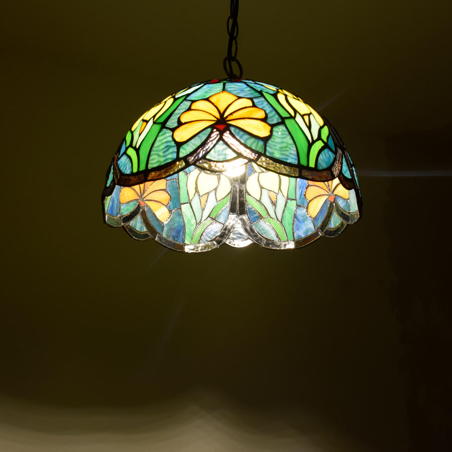 Tiffany Vintage Suspension Tachée Fleurs Verre Salon