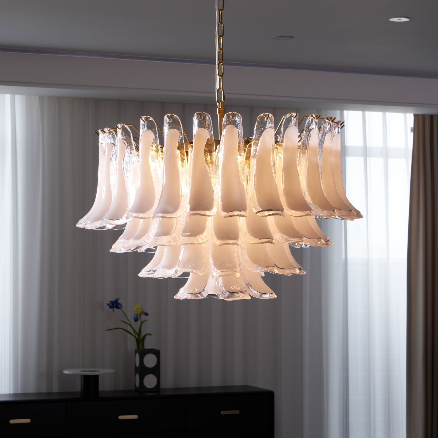 Aurora Chandelier Pink Glass Leaf Layered Floral Glamour - Letslighting