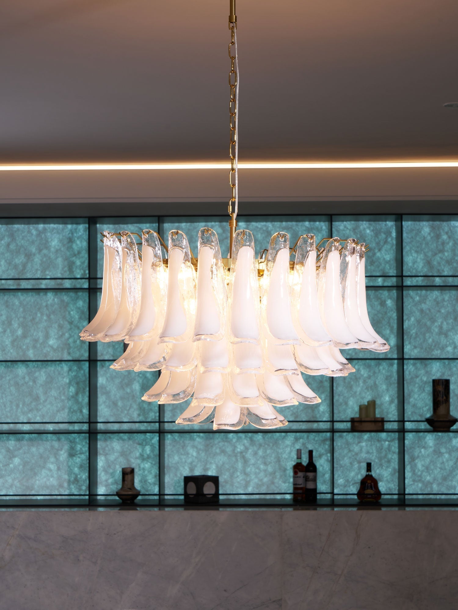 Aurora Chandelier Pink Glass Leaf Layered Floral Glamour - Letslighting