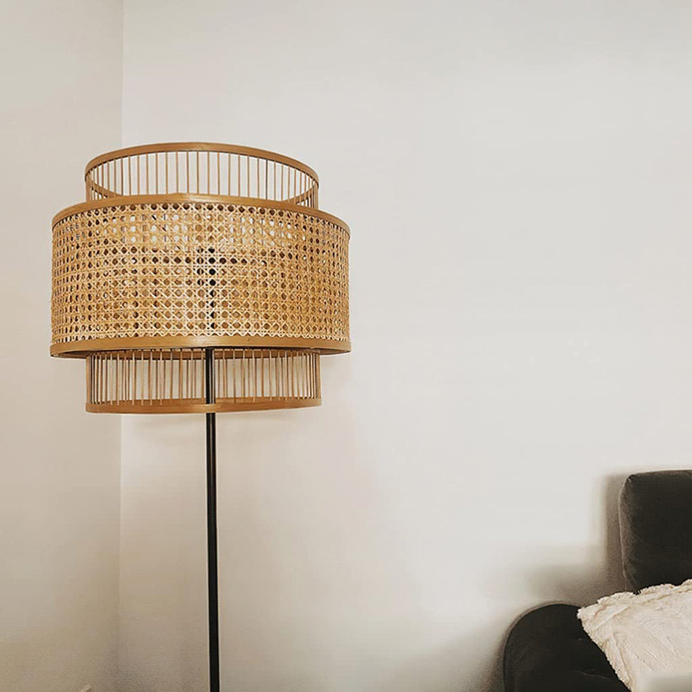 Ritta Lampadaire Anneau Simple, Métal/Rotin, Bois, Salon/Salle à Manger
